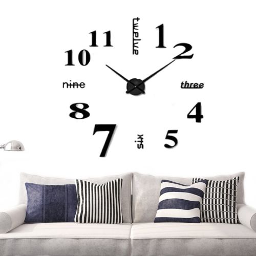 Великі 3D безшумні настінні годинники Diy Clock ZH01510 BLACK 90 см, Безкаракасні самоклеючі 3Д годинник цифри на стіну для дому, офісу чорні