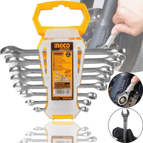 Комплект гаечных комбинированных ключей с трещоткой INGCO HKSPA1088-I 8mm-19mm 8 шт, Набор двухсторонних инструментов рожково-накладных 8 предметов