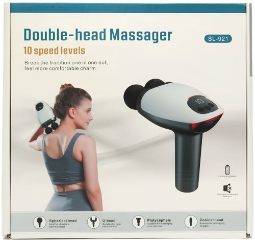 Ручний ударний масажер для м'язів Massage Gun Maxtop MP-921 25W 1500мач акумуляторний подвійний пістолет вібромасажер для всього тіла з дисплеєм USB