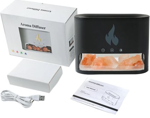 Настільний зволожувач повітря нічник з соляними каменями Docsal Flame Aroma Diffuser CAO з LED підсвічуванням 5W, соляна лампа аромадифузор Чорний