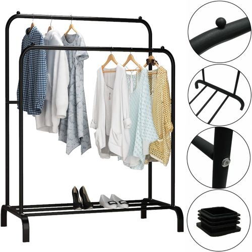 Двойная стойка вешалка Double Floor Hanger 162х130 см для одежды и полкой для обуви, напольная стойка-вешалка со штангой на ножках до 30 кг Черная