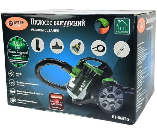 Вакуумний контейнерний пилосос Bitek BT-8663G 2400W з циклонним фільтром, контейнером на 3 л, регулятором потужності та насадками для сухого прибирання Зелений