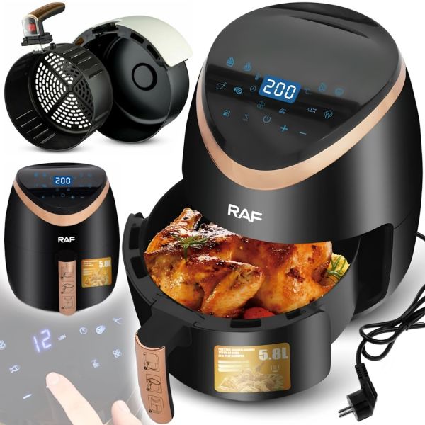 Безмасляний аерогриль RAF Air Fryer R.5234B на 5.8 л електрична повітряна аерофритюрниця для приготування їжі без олії 7 програм 1500W Чорна