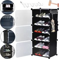 Складной шкаф органайзер для обуви Storage Cube Cabinet D1-3 42х32х95см пластиковая тумба с дверцами на 3 секции и 6 полочек для одежды Черная
