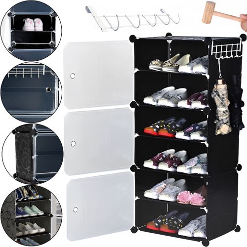 Складной шкаф органайзер для обуви Storage Cube Cabinet D1-3 42х32х95см пластиковая тумба с дверцами на 3 секции и 6 полочек для одежды Черная