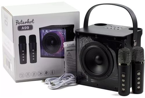 Аккумуляторная колонка караоке Peterhot A99 акустическая Bluetooth система с двумя беспроводными микрофонами и RGB цветомузыкой USB MicroSD CL-227