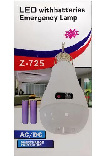 Светодиодная кемпинговая лампочка светильник LED Emergency Lamp Z-725 15W аварийный светильник в патрон E27 с аккумулятором 18650 и крючком CK8039