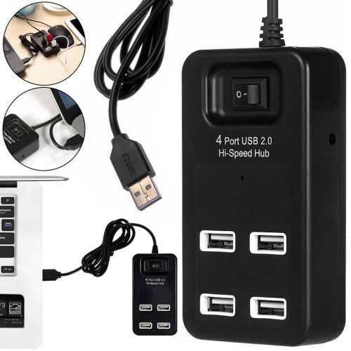 Разветвитель Hi-Speed Hub 4 Port USB 2.0 P-1601 хаб концентратор с выключателем на 4 юсб порта до 480 Мбит/с для компьютера и ноутбука Черный