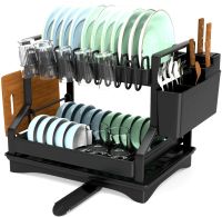 Дворівнева настільна сушарка для посуду Dish Drying Rack з автоматичним зливним піддоном, стелаж на 2 яруси для сушіння і зберігання Чорна