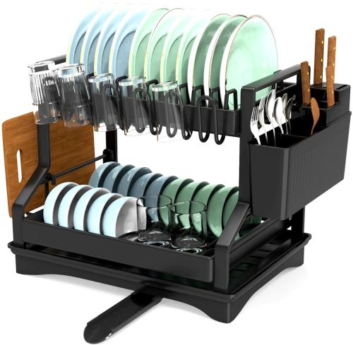 Дворівнева настільна сушарка для посуду Dish Drying Rack з автоматичним зливним піддоном, стелаж на 2 яруси для сушіння і зберігання Чорна