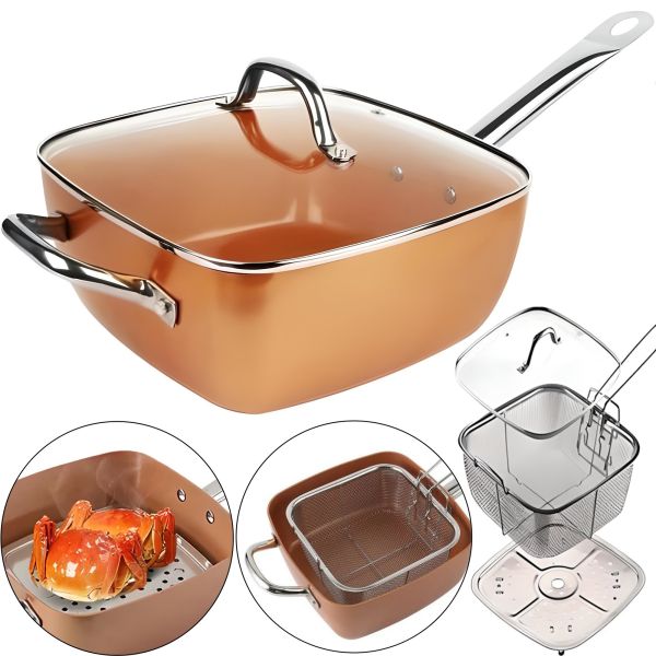 Універсальна сковорода Copper Cook Deep Square Pan Ampowar 24 см з фритюром і пароваркою з кришкою, антипригарна сковорідка фритюрниця з друшляком