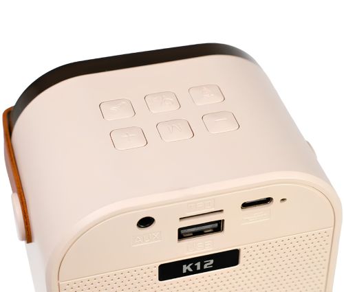 Детский беспроводной караоке Speaker K12 Bluetooth 2 в 1 светодиодная портативная колонка с микрофоном, RGB подсветкой и Wi-Fi на аккумуляторе Бежевая