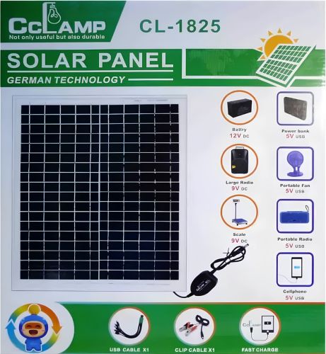 Сонячна монокристалічна панель Cclamp Solar Panel CL - 1825 20W 18V IP65 портативна батарея з мультикабелем USB для зарядки від сонця 1825CL