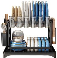 Дворівнева настільна сушарка для посуду Dish Drying Rack з автоматичним зливним піддоном, стелаж на 2 яруси для сушіння і зберігання Чорна