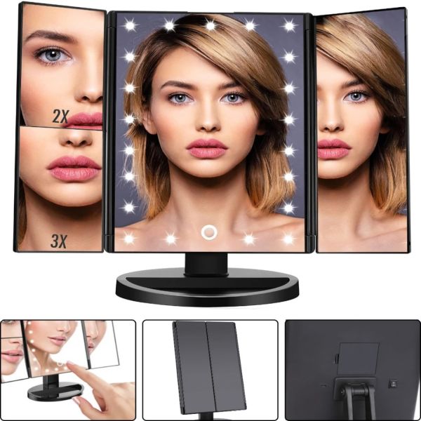 Косметичне потрійне дзеркало з сенсорною кнопкою Superstar Magnifying Mirror JN-817 3 в 1 зі збільшенням, складне дзеркало з LED підсвічуванням Чорне