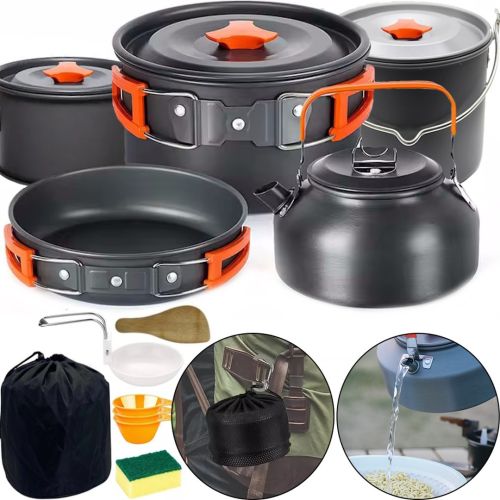 Туристичний кухонний набір посуду Camping cooking AL - 600 на 15 предметів чайник 3 каструлі сковорода і кухонне приладдя в чохлі для кемпінгу