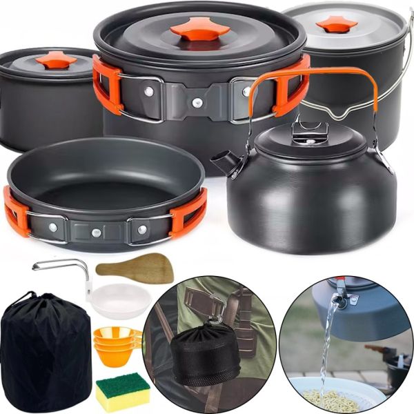Туристичний кухонний набір посуду Camping cooking AL - 600 на 15 предметів чайник 3 каструлі сковорода і кухонне приладдя в чохлі для кемпінгу