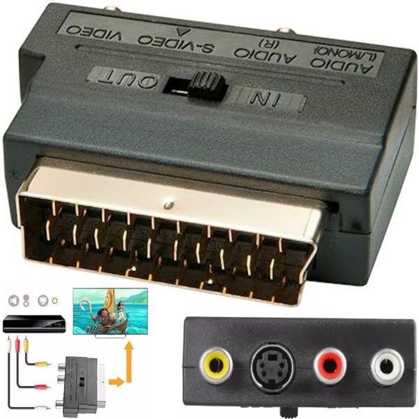 Універсальний перехідник SH-3009 SCART - 3 RCA + S-VIDEO з перемикачем, аудіо відео адаптер 21 пін скарт на 3 тюльпана для телевізора і приставки