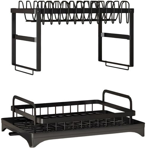 Дворівнева настільна сушарка для посуду Dish Drying Rack з автоматичним зливним піддоном, стелаж на 2 яруси для сушіння і зберігання Чорна