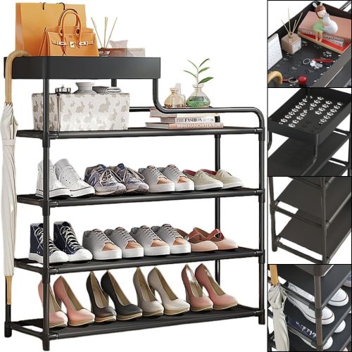 Обувница с полкой для аксессуаров Araqel Shoe Rack стеллаж органайзер для хранения обуви 60х21x78 см металлическая стойка на 5 полок в прихожую Черная