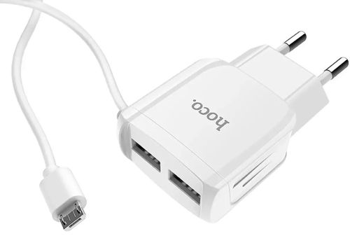 Мережевий зарядний пристрій Hoco C59A 2USB адаптер USB з цільним кабелем MicroUSB блок живлення на 2 порти для зарядки телефонів 15w 220v 2.4 A Білий