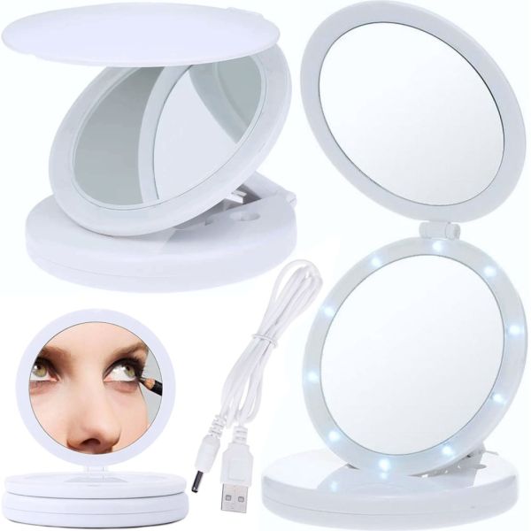 Кругле складне дзеркало для макіяжу large Led Mirror W0-29 косметичне розкладне дзеркало на регульованій підставці зі збільшенням на батарейках
