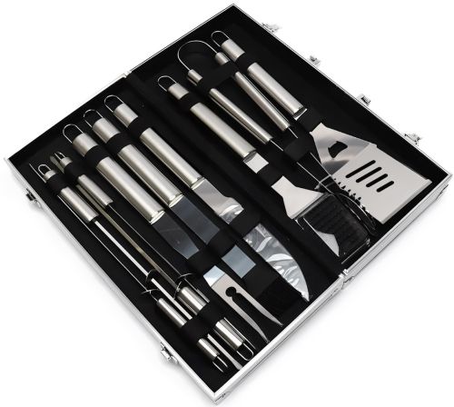 Набір для мангала в кейсі BBQ Tools Set AL-10 10 в 1 43х21х8 см Шашличний комплект з нержавіючої сталі для гриля і барбекю в алюмінієвій валізі