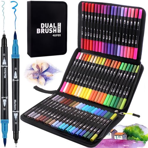 Набор акварельных маркеров-линеров для рисования Dual Brush 48 шт комплект двухсторонних скетч маркеров кистей на водной основе в пенале 48 цветов 
