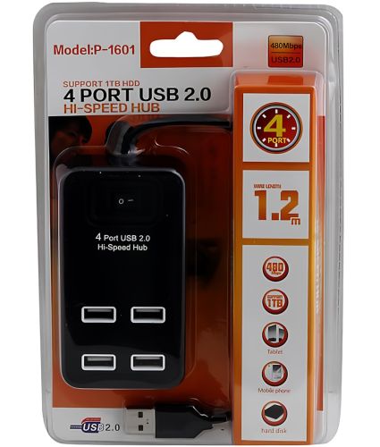 Разветвитель Hi-Speed Hub 4 Port USB 2.0 P-1601 хаб концентратор с выключателем на 4 юсб порта до 480 Мбит/с для компьютера и ноутбука Черный