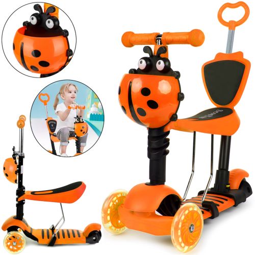 Трехколесный детский самокат беговел Scooter FYS-2864 Orange 5 в 1 со складным сиденьем, родительской ручкой и светящимися колесами Оранжевый