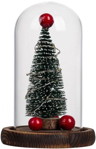 Новорічна ялинка в скляній колбі 15 см Christmas Light з LED гірляндою і кулями, настільний декоративний Різдвяний нічник на батарейках
