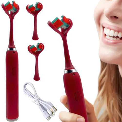 Акумуляторна зубна щітка Electric Toothbrush з подвійною головкою, електрична ультразвукова електрощітка на 3 режими для чищення зубів Червона