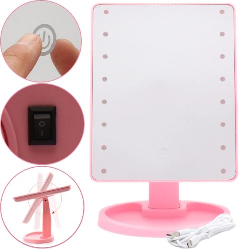 Косметичне сенсорне дзеркало для макіяжу Magic MakeUp Mirror обертається на 180 настільне дзеркало на підставці з підсвічуванням 22 LED USB Рожеве