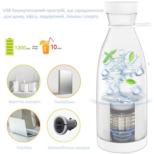 Портативний блендер в пляшці Mini Juicer 350 мл для смузі і соку, бездротовий переносний міні блендер, соковижималка, подрібнювач фруктів Білий