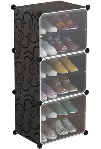 Складной шкаф органайзер для обуви Storage Cube Cabinet D1-3 42х32х95см пластиковая тумба с дверцами на 3 секции и 6 полочек для одежды Черная