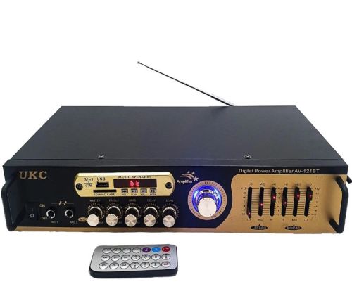 Стерео підсилювач потужності звуку UKC AV-121BT 200W, П'ятиканальний портативний стереопідсилювач з караоке на 2 Мікрофони, FM радіо і Bluetooth USB