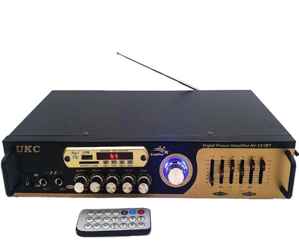 Стерео підсилювач потужності звуку UKC AV-121BT 200W, П'ятиканальний портативний стереопідсилювач з караоке на 2 Мікрофони, FM радіо і Bluetooth USB