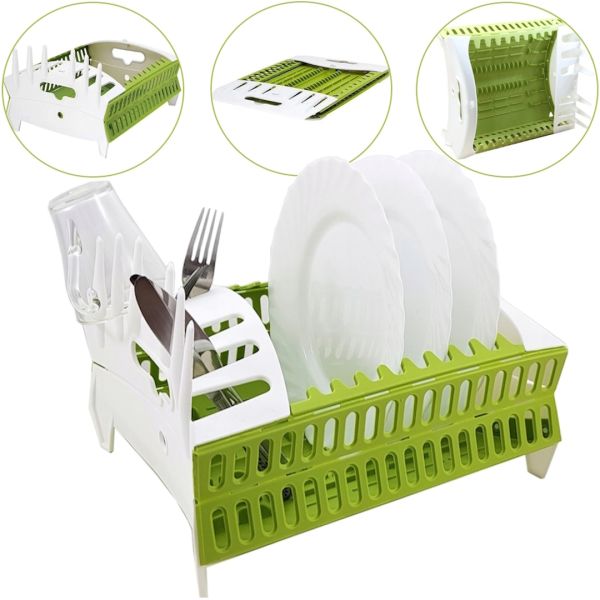 Сушарка органайзер для посуду Compact Dish Rack складна настільна сушка для виделок і ложок, Пластикова сушарка-органайзер на кухню Зелена з білим