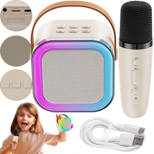 Детский беспроводной караоке Speaker K12 Bluetooth 2 в 1 светодиодная портативная колонка с микрофоном, RGB подсветкой и Wi-Fi на аккумуляторе Бежевая