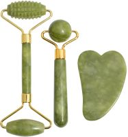 Великий нефритовий набір для обличчя Massage Roller 3 в 1 двосторонній ролер скребок гуаша, валик, комплект для ліфтингу шкіри їжачок гладкий скребок