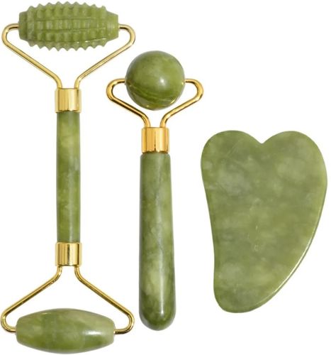 Великий нефритовий набір для обличчя Massage Roller 3 в 1 двосторонній ролер скребок гуаша, валик, комплект для ліфтингу шкіри їжачок гладкий скребок