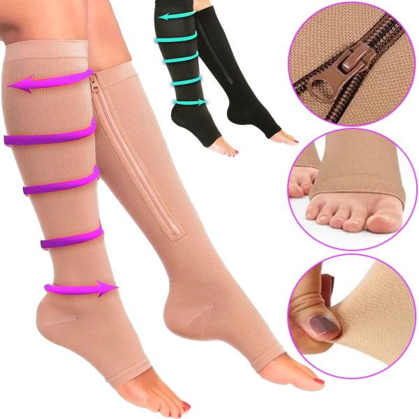 Компресійні гольфи від варикозу Zip Sox, облягаючі лікувальні панчохи, шкарпетки для фіксації щиколоток Зіп Сокс зі змійкою, Бежеві S/M, L/XL