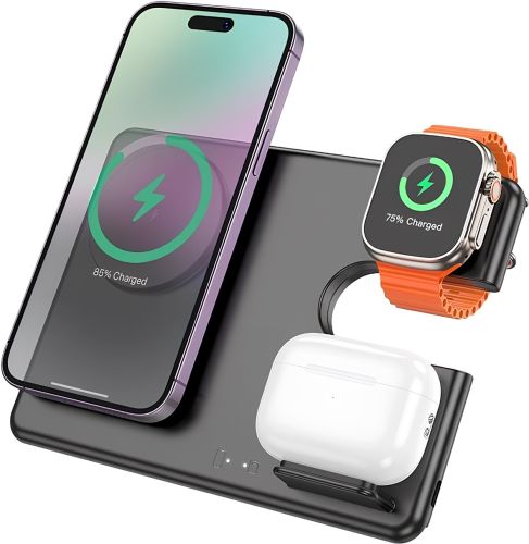 Бездротове зарядний пристрій Hoco Qi Geek Folding Black 3 в 1 магнітна зарядка магсейф для телефону і навушників IOS Android Type-C CQ1 Чорна