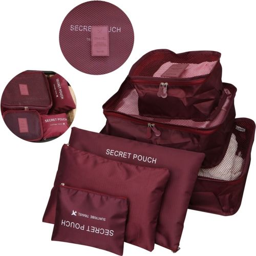 Набір дорожніх сумок органайзерів Secret Pouch 6 штук Бордові, чохли мішки для зберігання одягу у валізі, водонепроникні для подорожей laundry