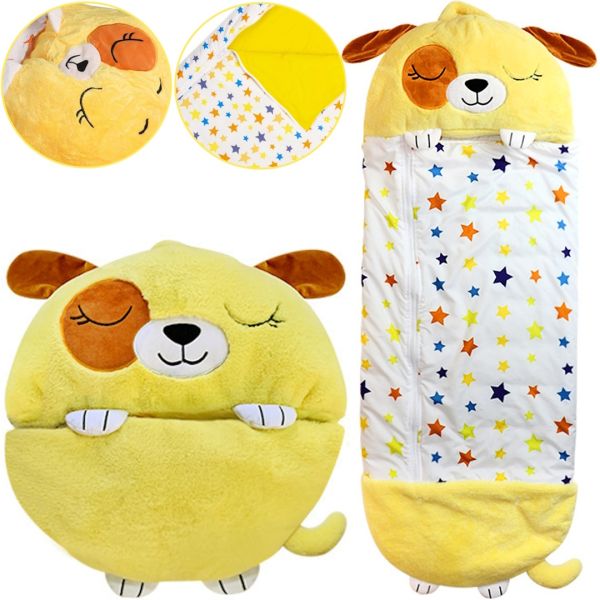 Спальний мішок з подушкою для дітей Happy Nappers Собачка 3 в 1 дитячий спальник 130х50 см кокон трансформер, подушка іграшка на блискавці жовтий
