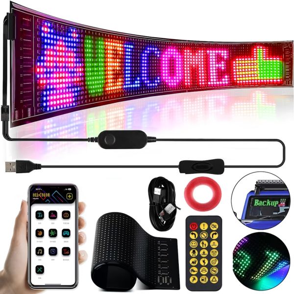 Гнучкий екран LED Matrix Panel JTPD-03-011 12х59.5 см світлодіодна рекламна RGB стрічка в авто, рядок, що біжить, з пультом і від телефону Bluetooth WiFi