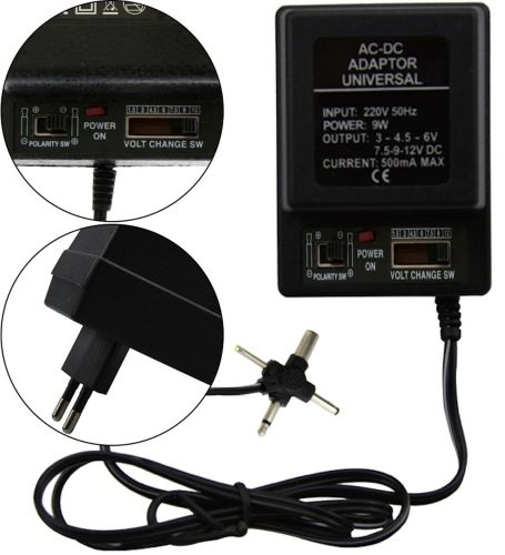 Універсальний блок живлення Ran-Teng RT - 308 9W з регулятором напруги 1.5-12V 500mA, Адаптер з 4 роз'ємами і перемикачем полярності Чорний