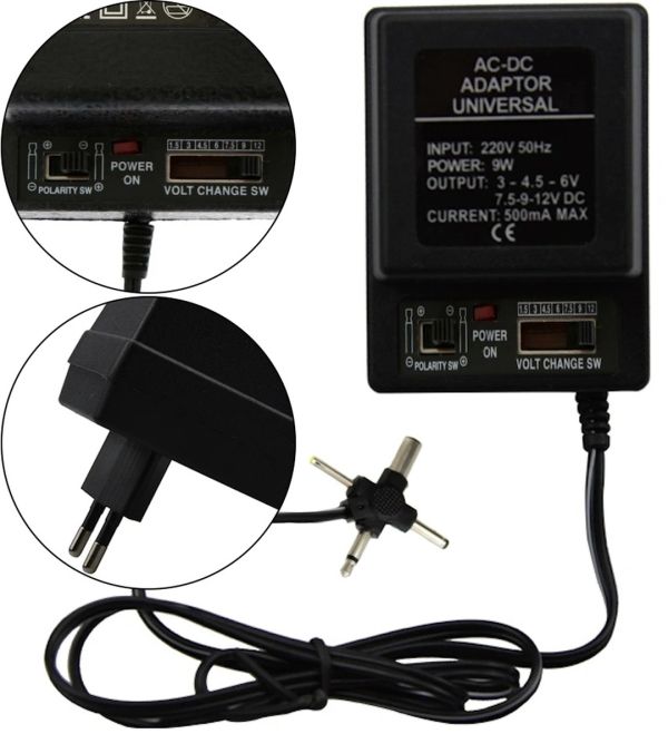 Універсальний блок живлення Ran-Teng RT - 308 9W з регулятором напруги 1.5-12V 500mA, Адаптер з 4 роз'ємами і перемикачем полярності Чорний