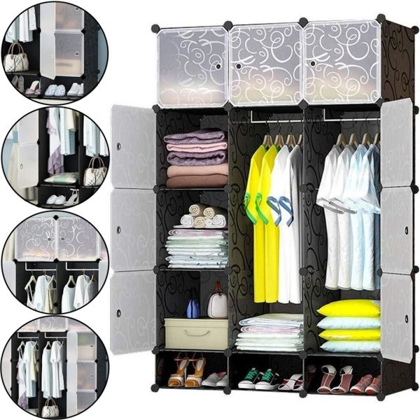 Складаний шафа органайзер для речей Storage Cube Cabinet МР-312-62 110х37х146 см Пластикова тумба на 12 секцій поличка для одягу та взуття Чорна