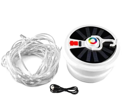 Акумуляторний ліхтар із RGB-стрічкою Camping Light YX-669 — підвісна LED-лампа на сонячній батареї з гірляндою довжиною 10 м та гачком для кемпінгу, USB YX669